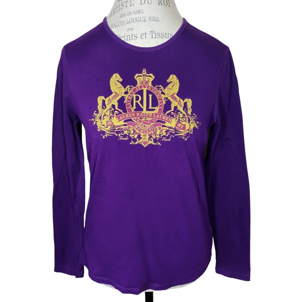 Lauren Ralph Lauren Purple Equestrian Tee Shirt Womens PM Long Sleeve Horse